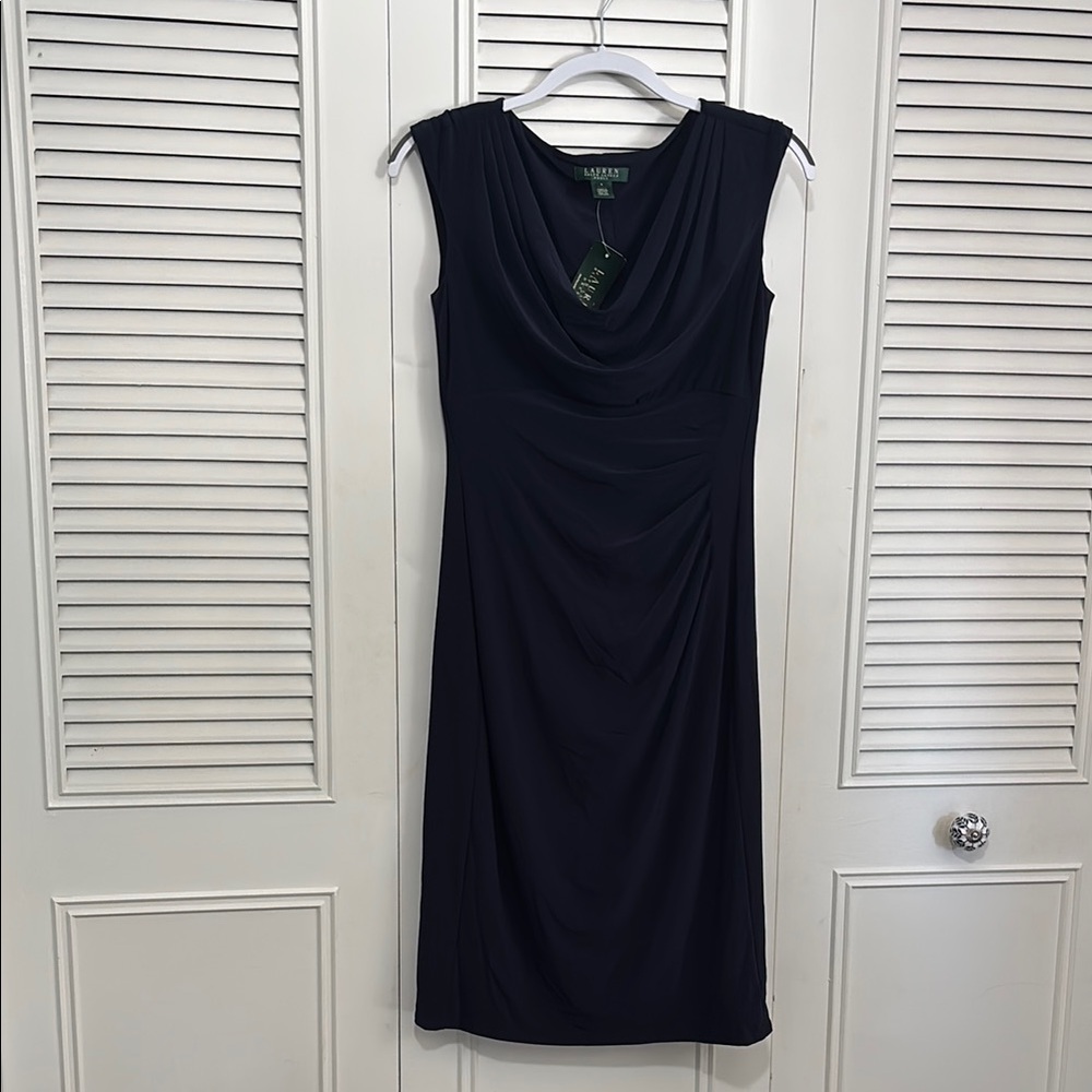 Ralph Lauren navy Blue Ruched Cowl Neck Sheath Dress